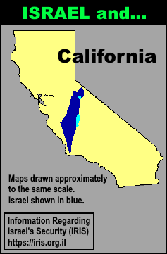Scaled map comparing the size of Israel to California