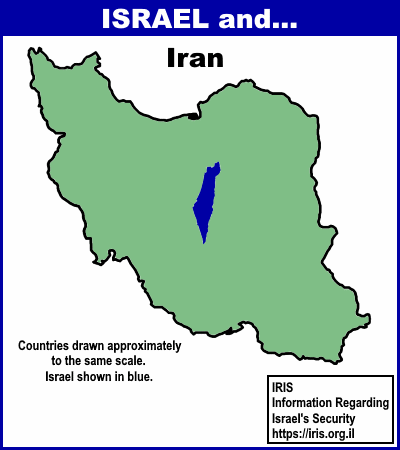 Scaled map comparing the size of Israel to Iran