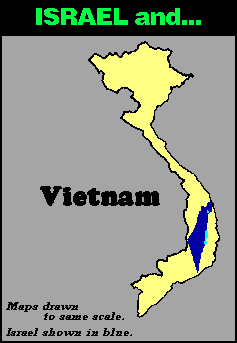 Scaled map comparing the size of Israel to Vietnam